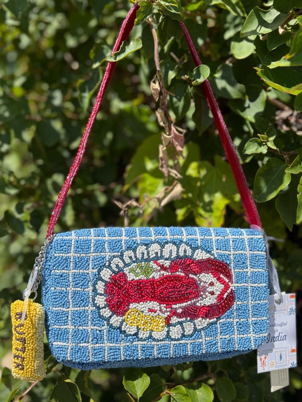 NWT Made in India Lobster Butter Nautical East Coast Summer Beaded Bag w Charm